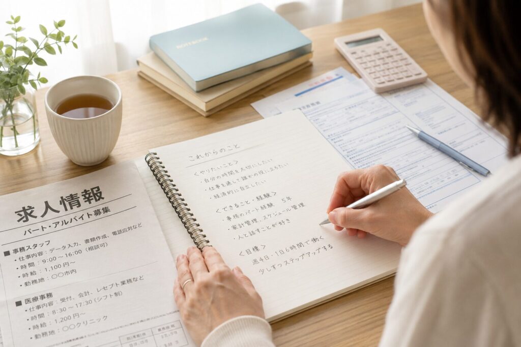 求人情報や生活費の書類を見ながら、これからの働き方をノートに書き出す女性の手元