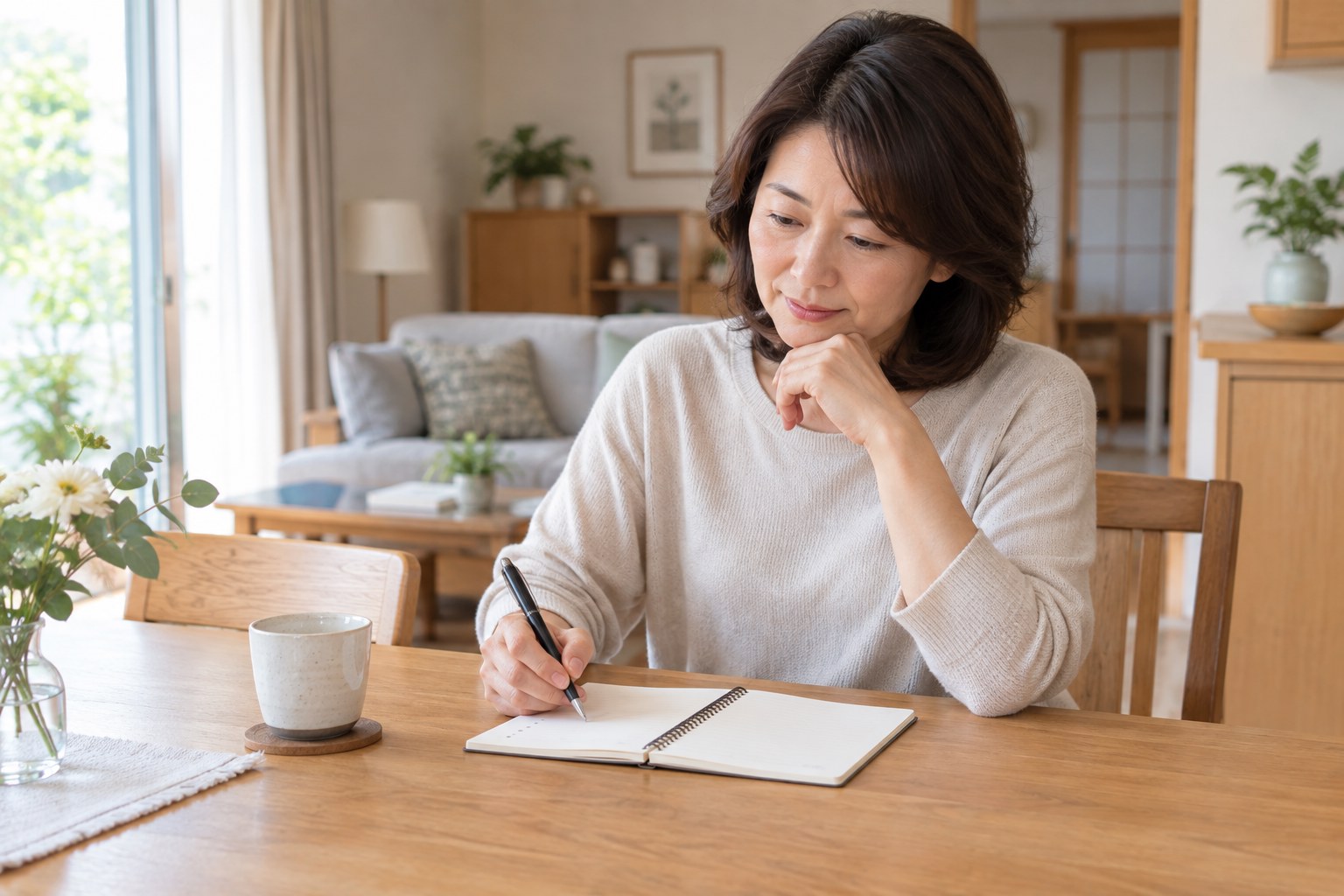 夫との話し合いに向けて伝えたいことをノートに整理する40代・50代女性