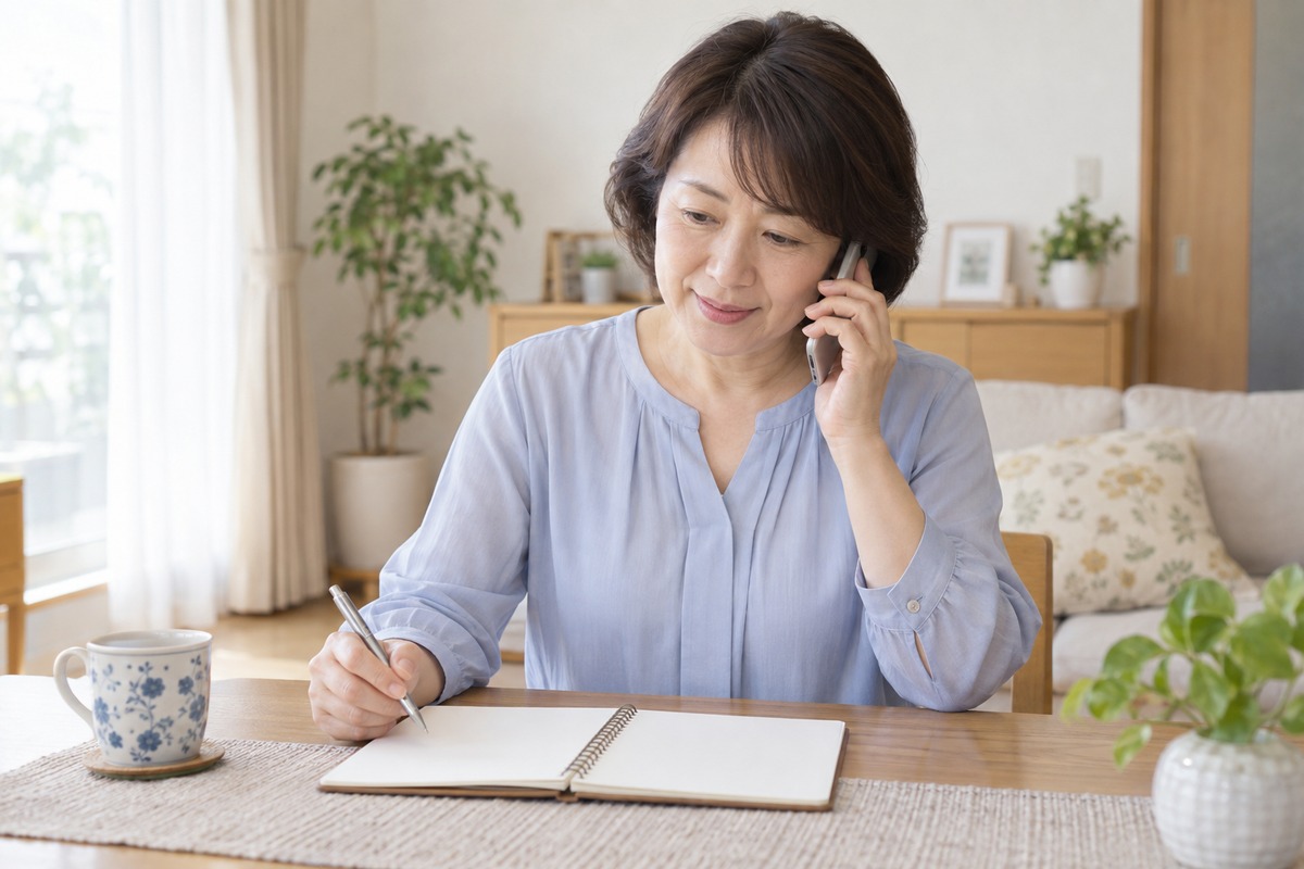 ノートを手元に置き、室内で電話をする女性