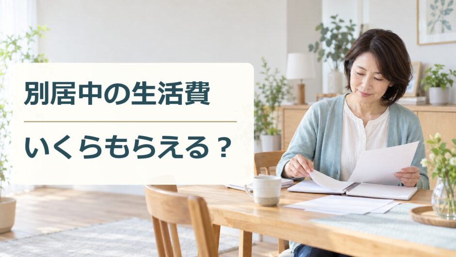 書類とノートを整理する女性と「別居中の生活費 いくらもらえる？」の文字