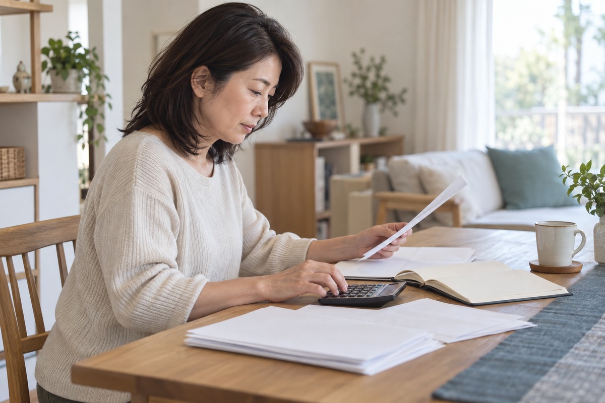 電卓とノートを使って書類を整理する女性