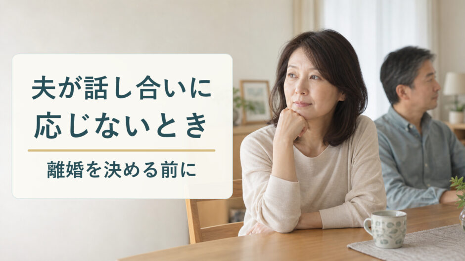 夫が話し合いに応じないとき、離婚を決める前に。自宅で考える女性と、別の方向を向く夫の実写風画像。