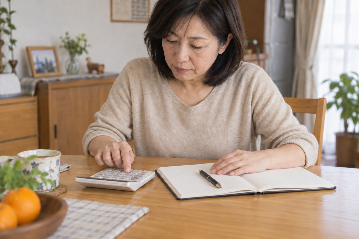 電卓とノートで住まいの費用を整理する女性