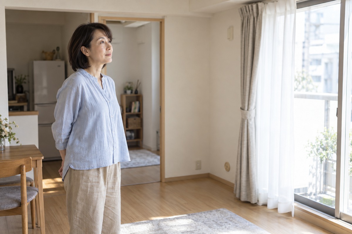 明るい賃貸住宅の窓辺に立つ40代から50代の女性