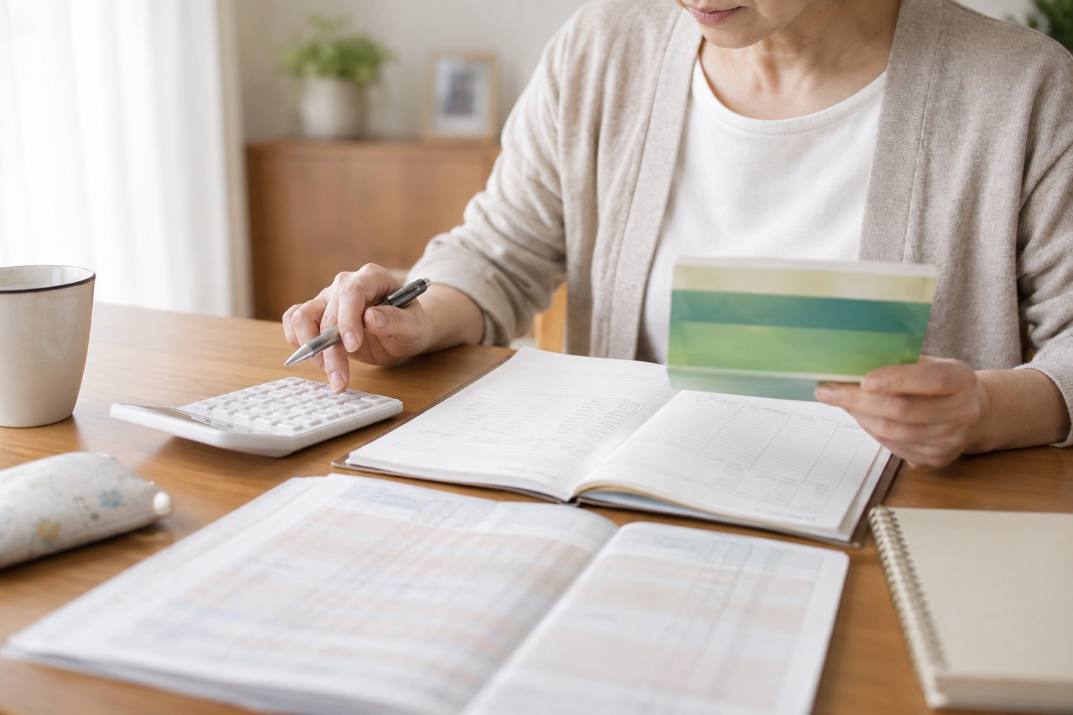 家計簿と預金通帳を机に広げ、別居後の生活費を確認する50代女性の手元