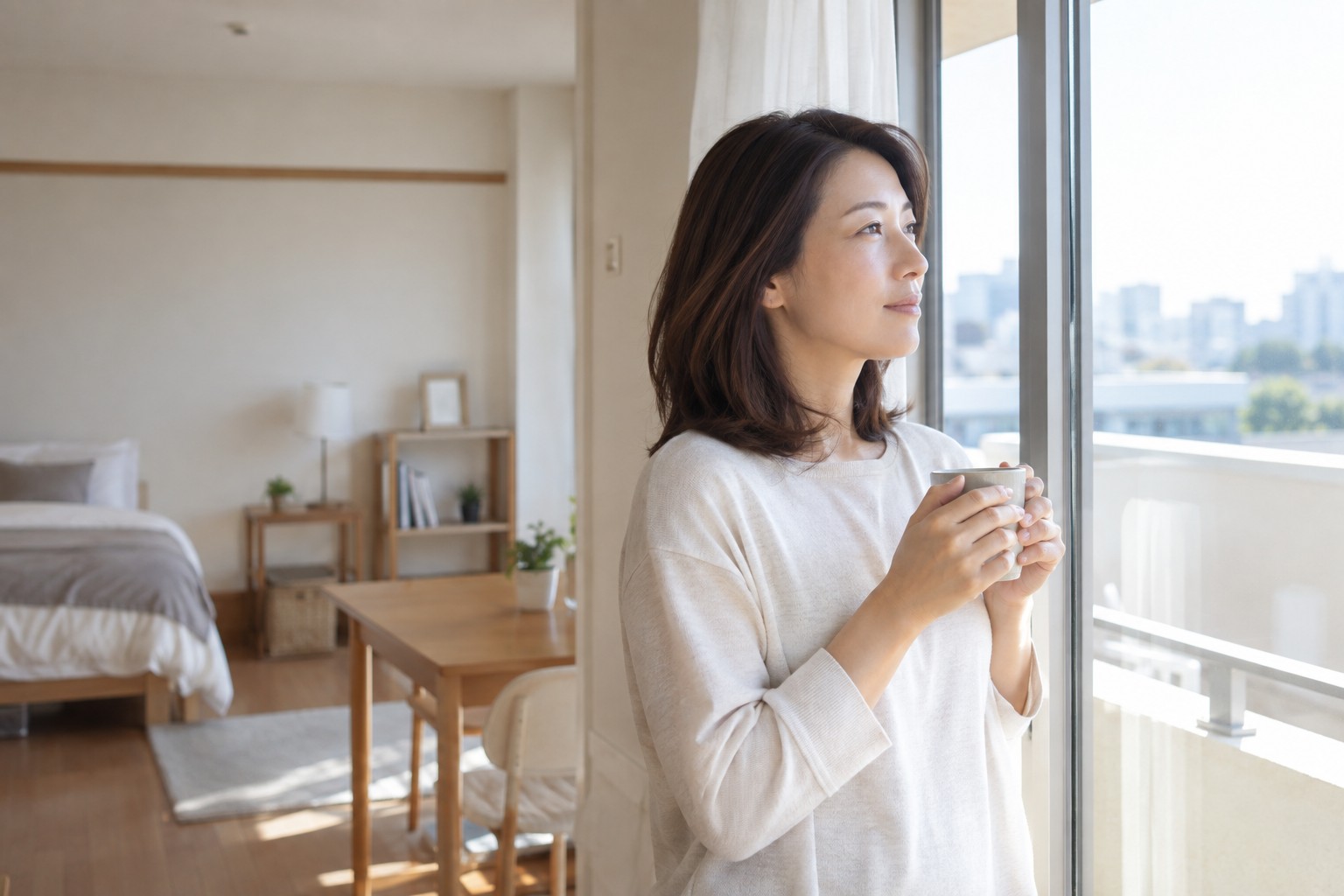 新しい部屋の窓辺で温かい飲み物を手にしながら静かに外を見る40代女性