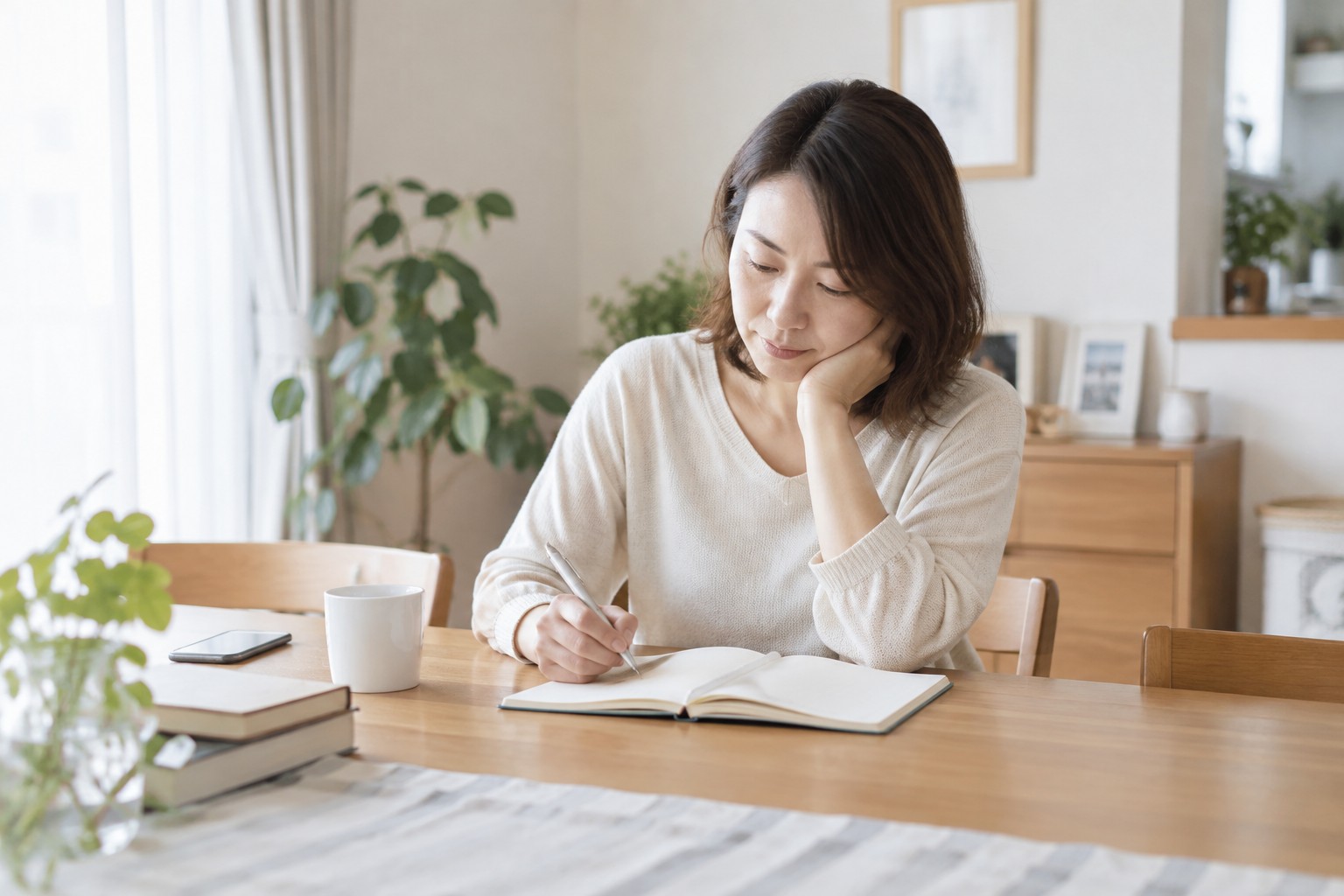 自宅のダイニングでノートを開き、今後の生活を静かに考える40代女性