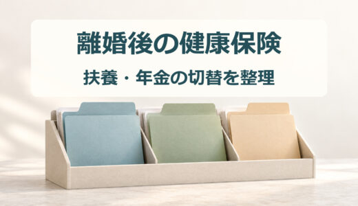 青・緑・ベージュの書類フォルダーと「離婚後の健康保険」「扶養・年金の切替を整理」の見出し