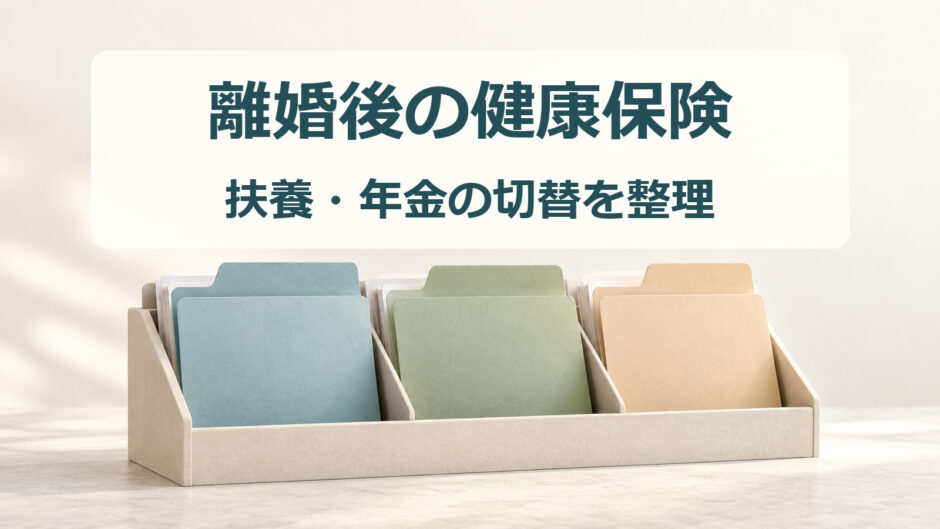 青・緑・ベージュの書類フォルダーと「離婚後の健康保険」「扶養・年金の切替を整理」の見出し